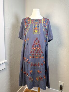Orange Creek Embroidered Floral Dress Blue Boho Shift Midi Medium M